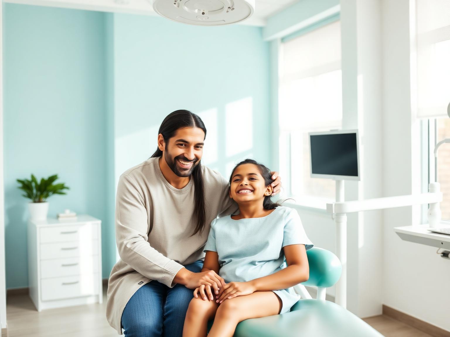 A parent and child smiling together in a bright, modern dental clinic