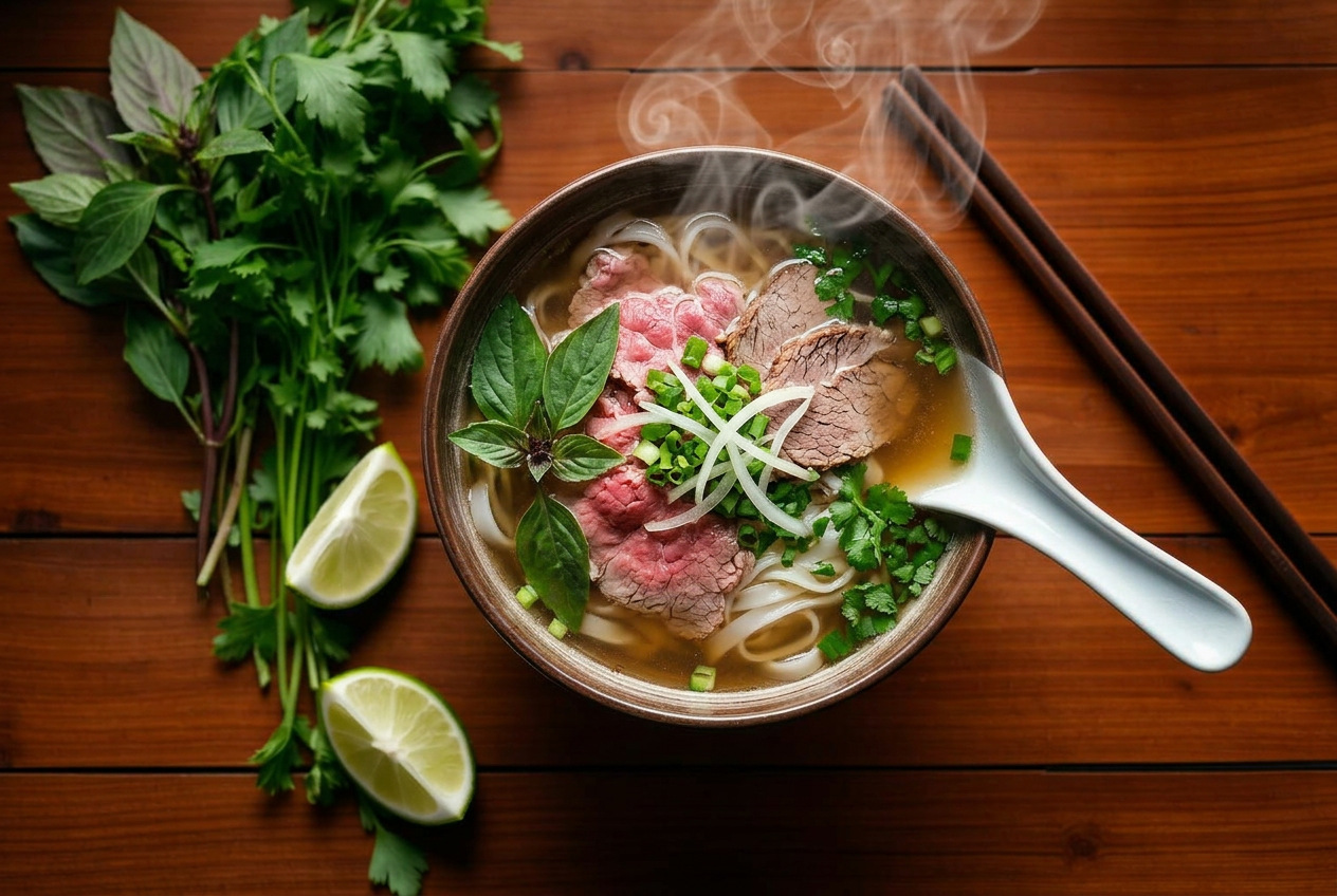 Steaming bowl of Vietnamese pho with fresh herbs and lime